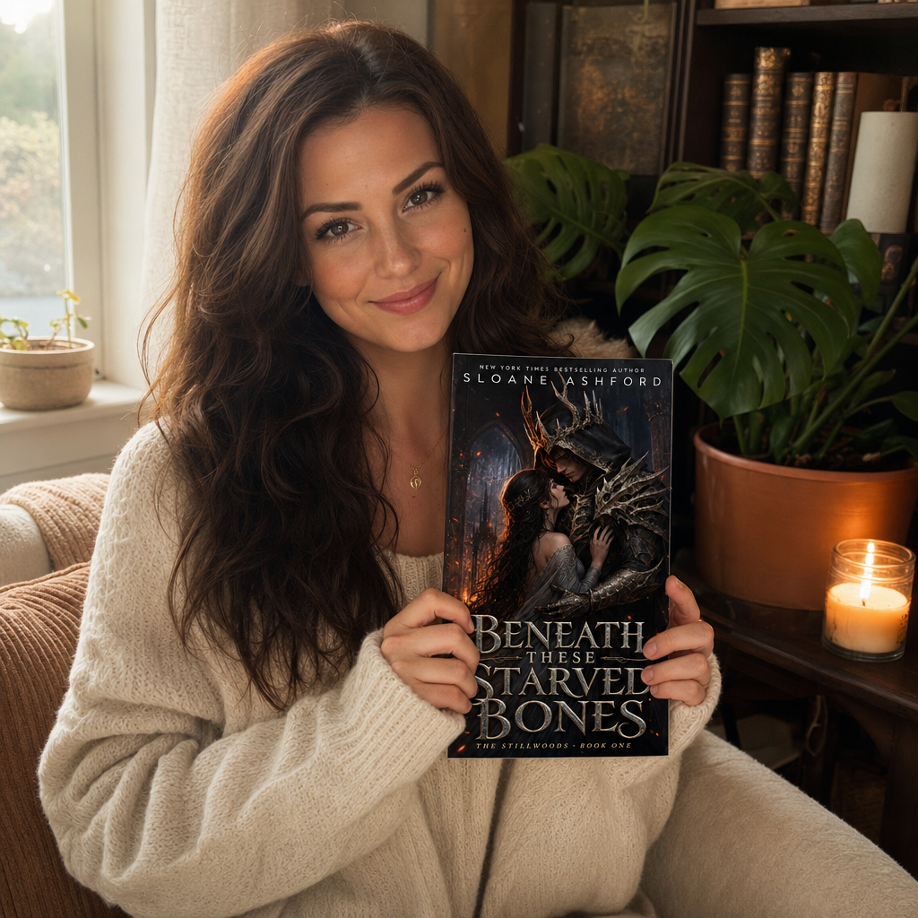 Reader holding Beneath These Starved Bones by Sloane Ashford