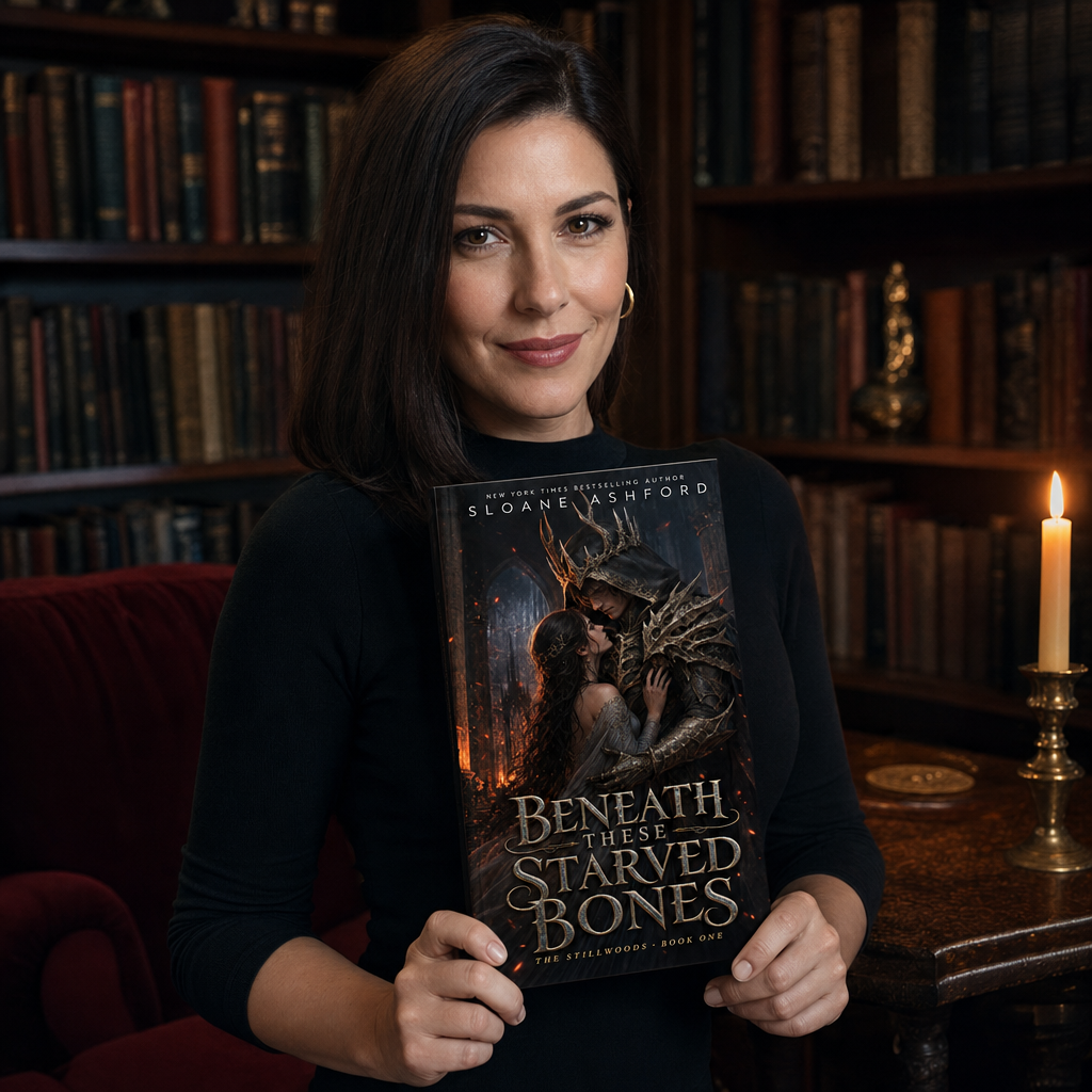 Reader holding Beneath These Starved Bones by Sloane Ashford
