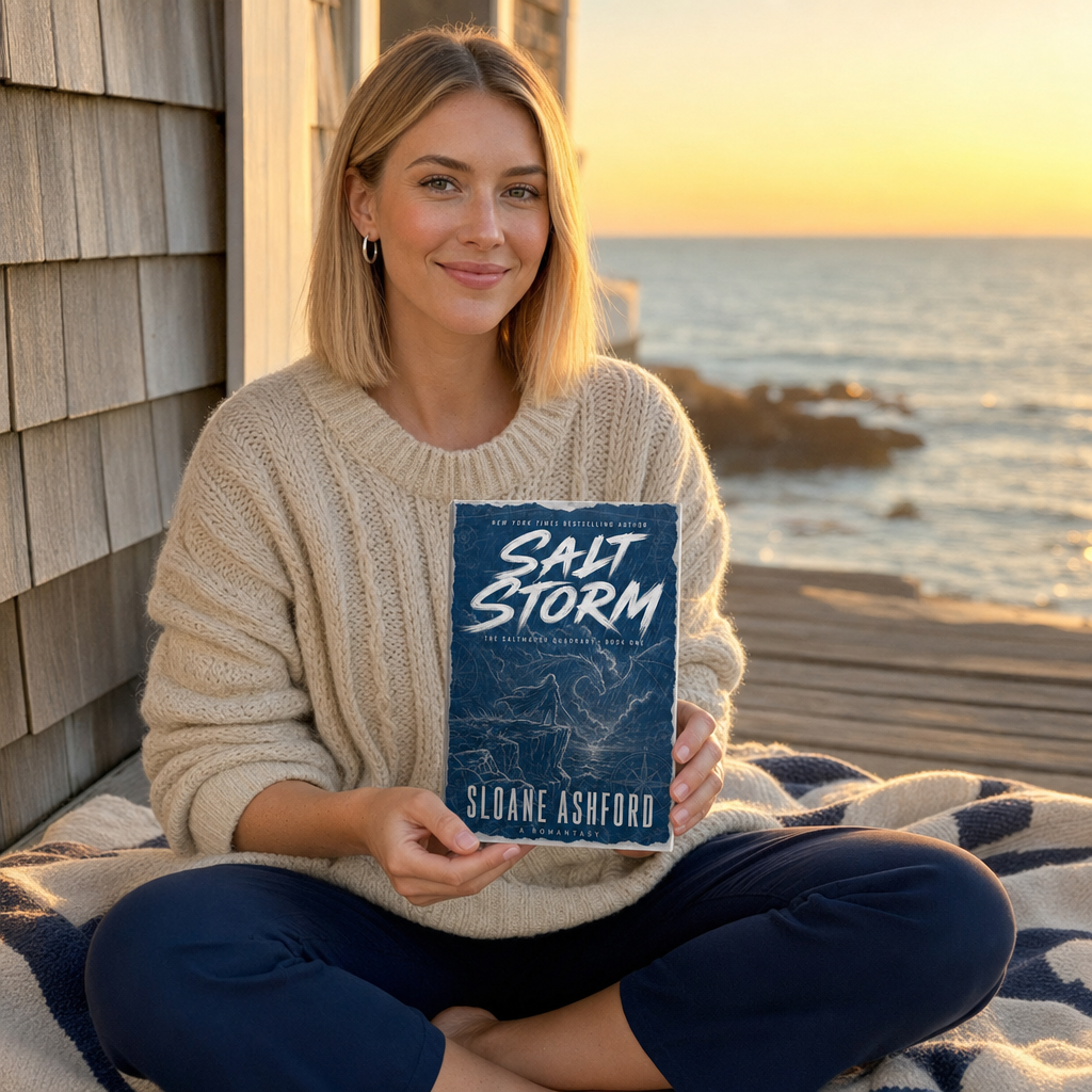 Reader holding Salt Storm by Sloane Ashford