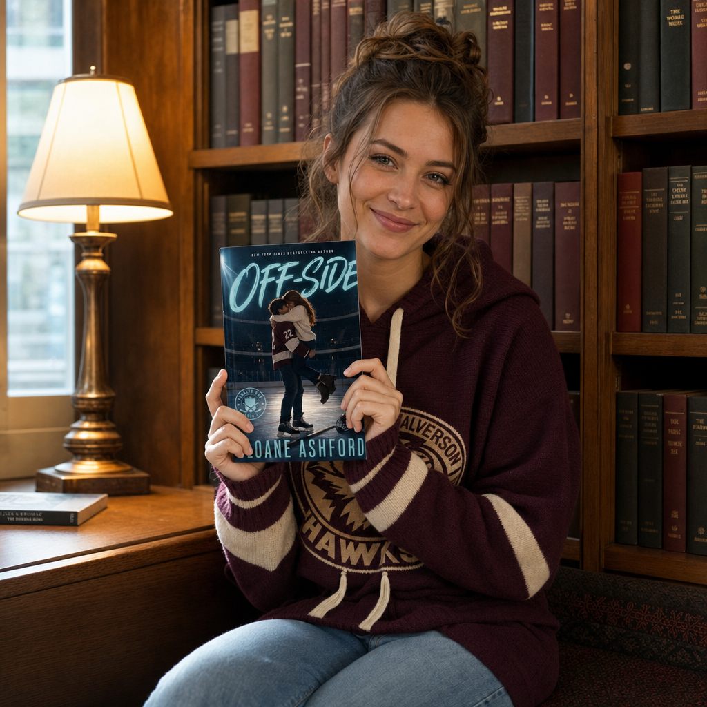 Reader holding Off-Side by Sloane Ashford