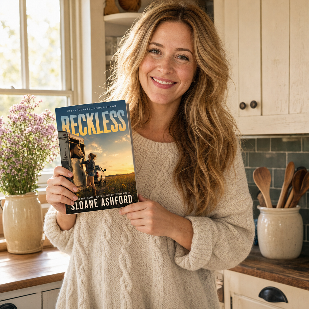 Reader holding Reckless by Sloane Ashford