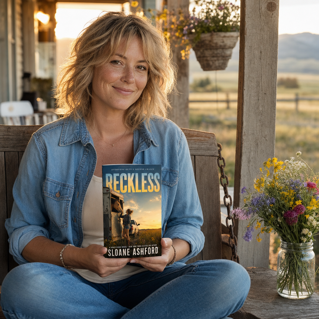 Reader holding Reckless by Sloane Ashford