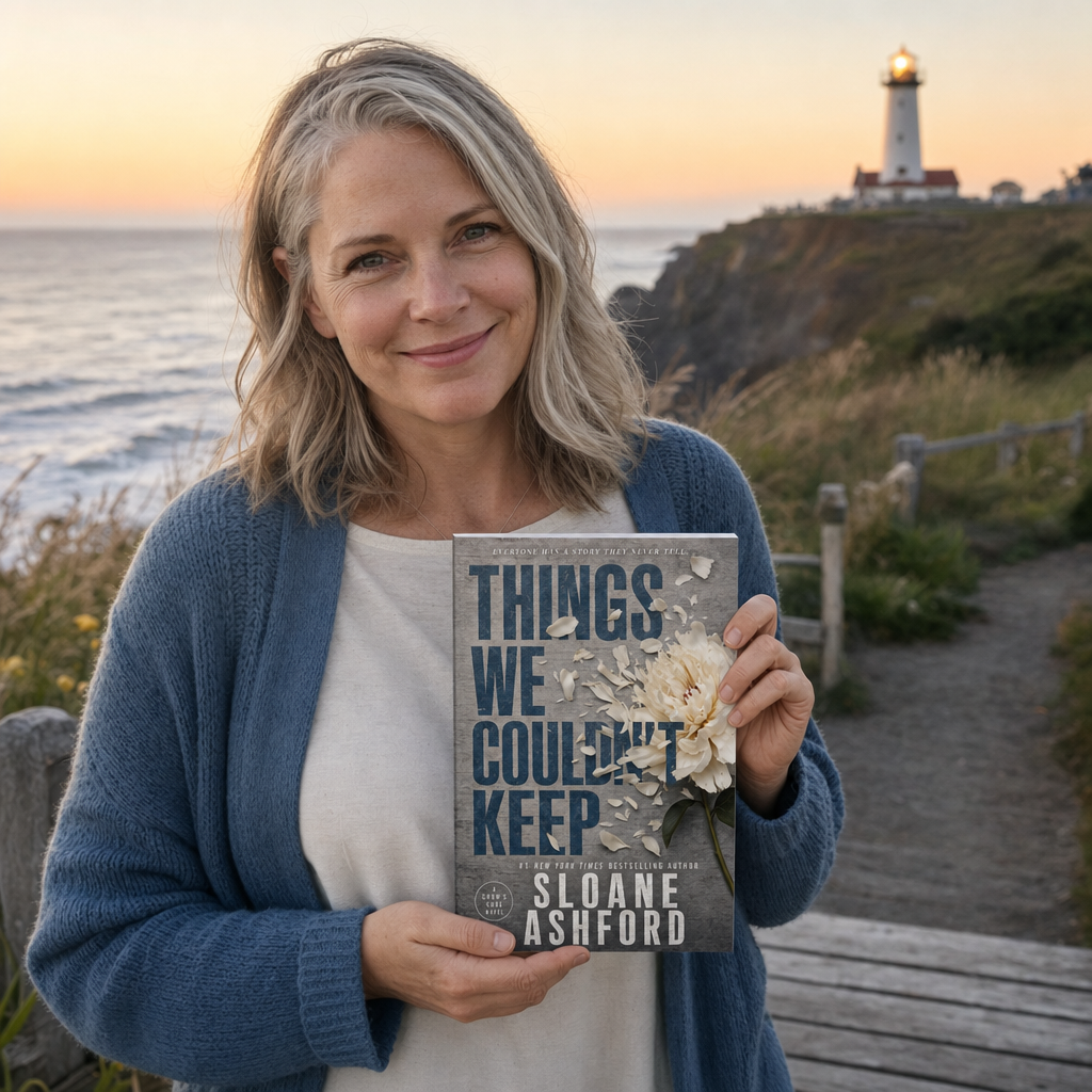 Reader holding Things We Couldn't Keep by Sloane Ashford